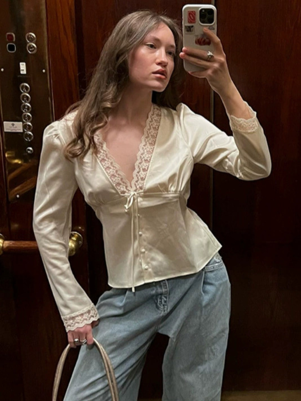 ZARA French Vintage Satin Lace Collar Long Sleeve Waist Cinching Office Blouse